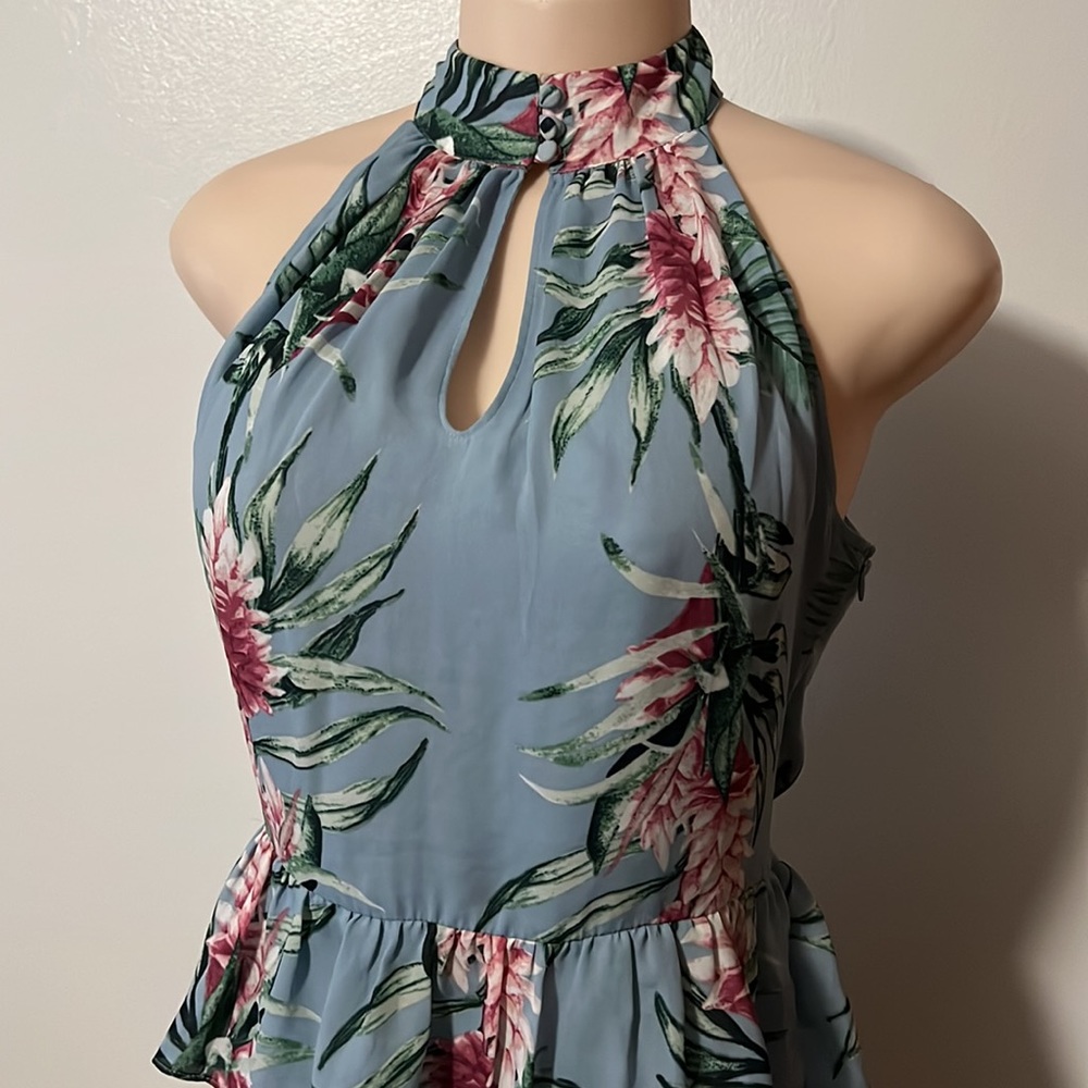 Anthropologie/BELLE VERE High Neck Halter Floral High Low Ruffle Layer Blouse - Picture 2 of 8
